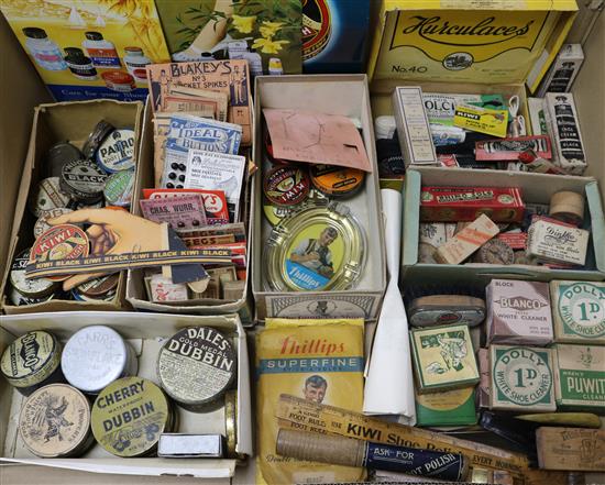 A large collection of vintage items from an old cobblers shop comprising: showcards for Kiwi shoe polish,